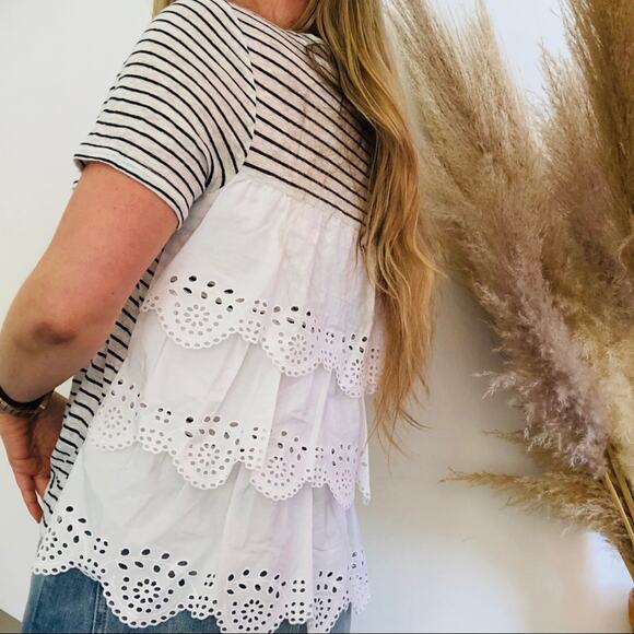 JOIE White Blue Striped Ruffle Tiered Eyelet Lace Back Tee Shirt Relaxed Top S - Picture 4 of 10